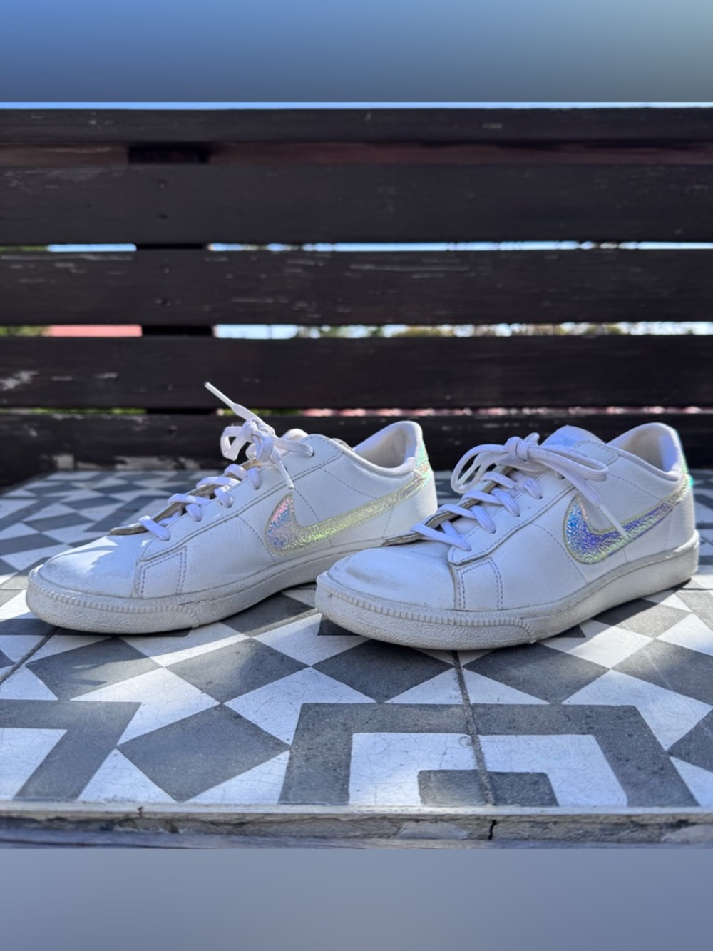 Nike White Low-Top Sneakers with Holographic Swoosh